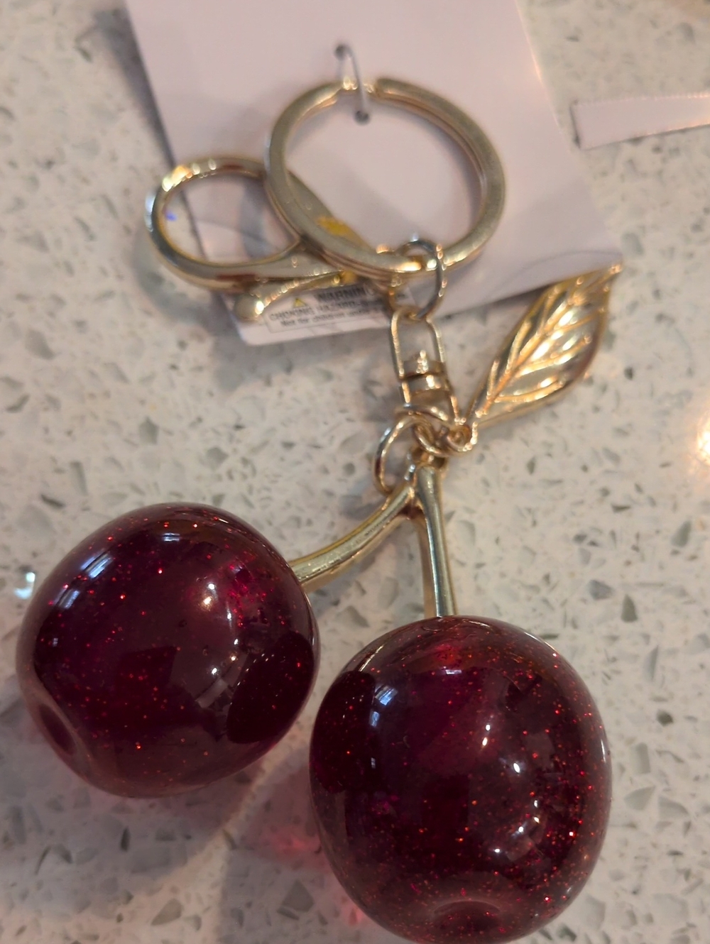 Gold Cherry Keychain Pendant with Sparkling Burgundy Cherries